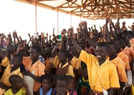 school children receiving supplies